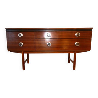 Avalon sideboard in brown teak veneer, chrome handles and wooden legs, 1960s.