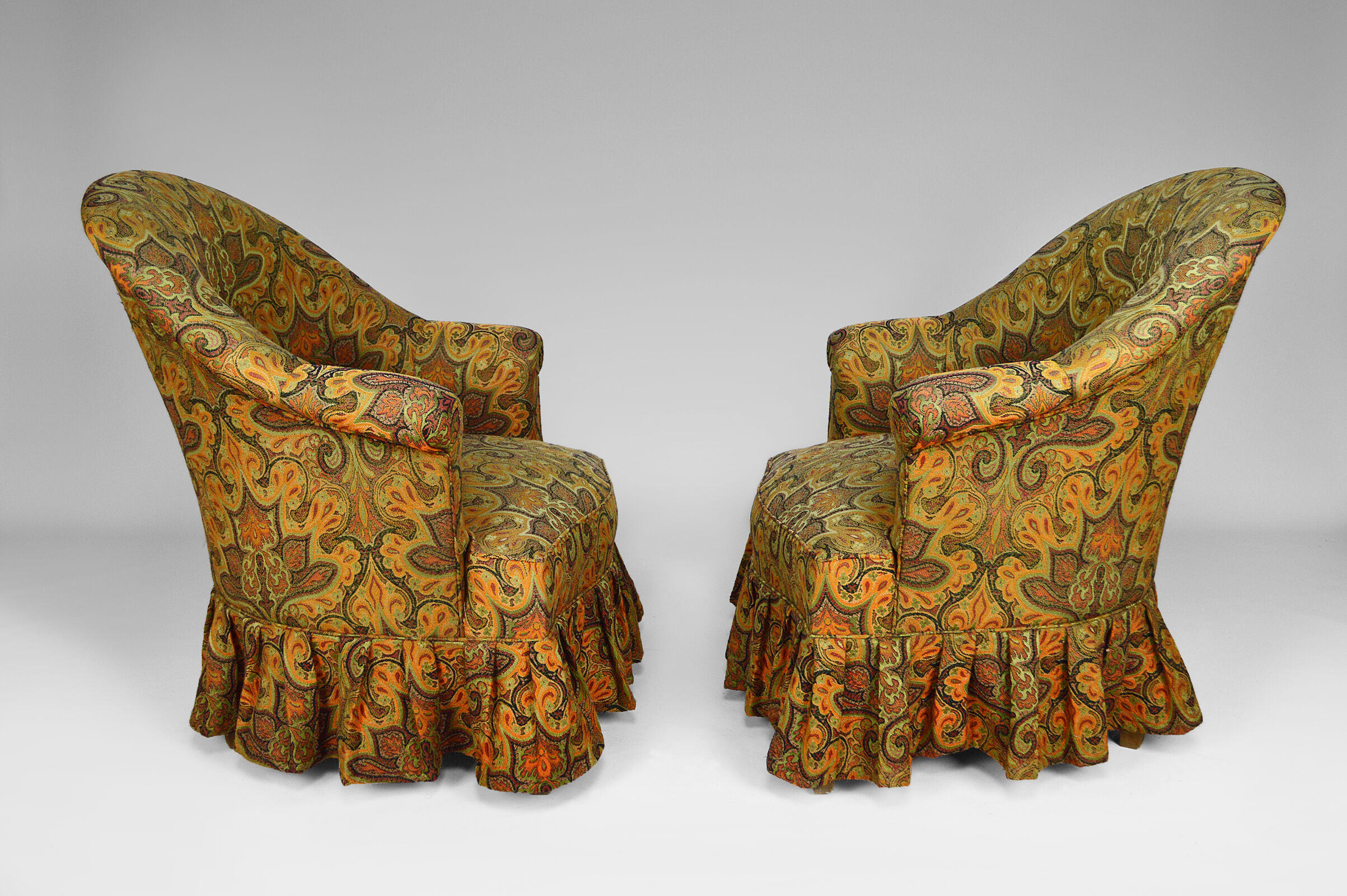 Pair of toad chairs, paisley fabric