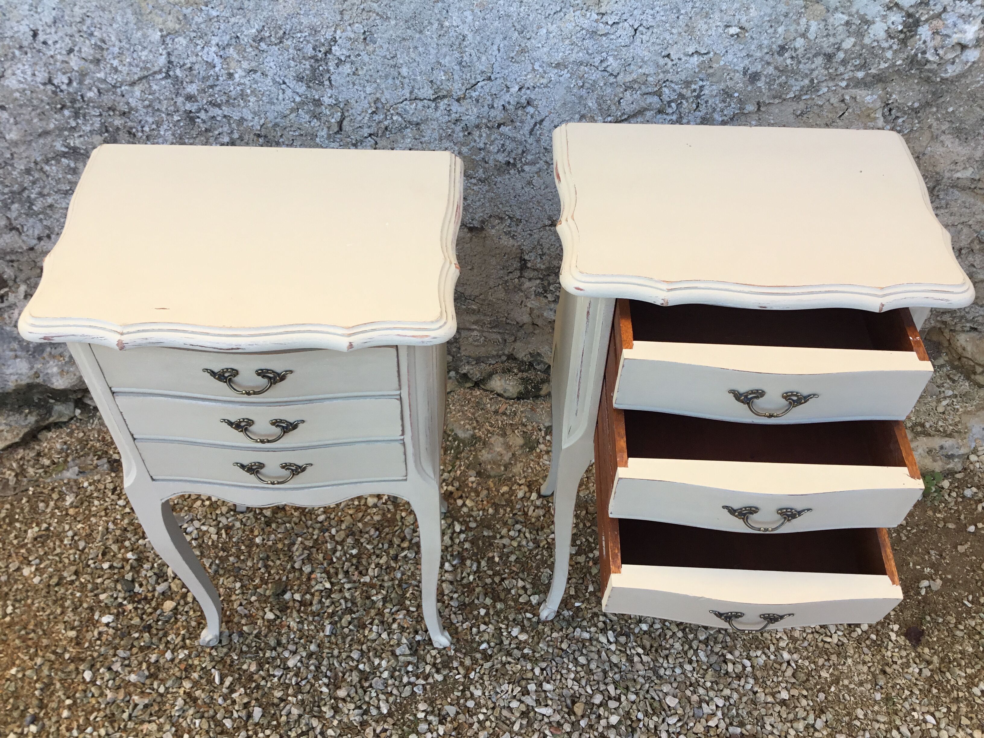 Pair of Louis XV style bedside tables patinated beige