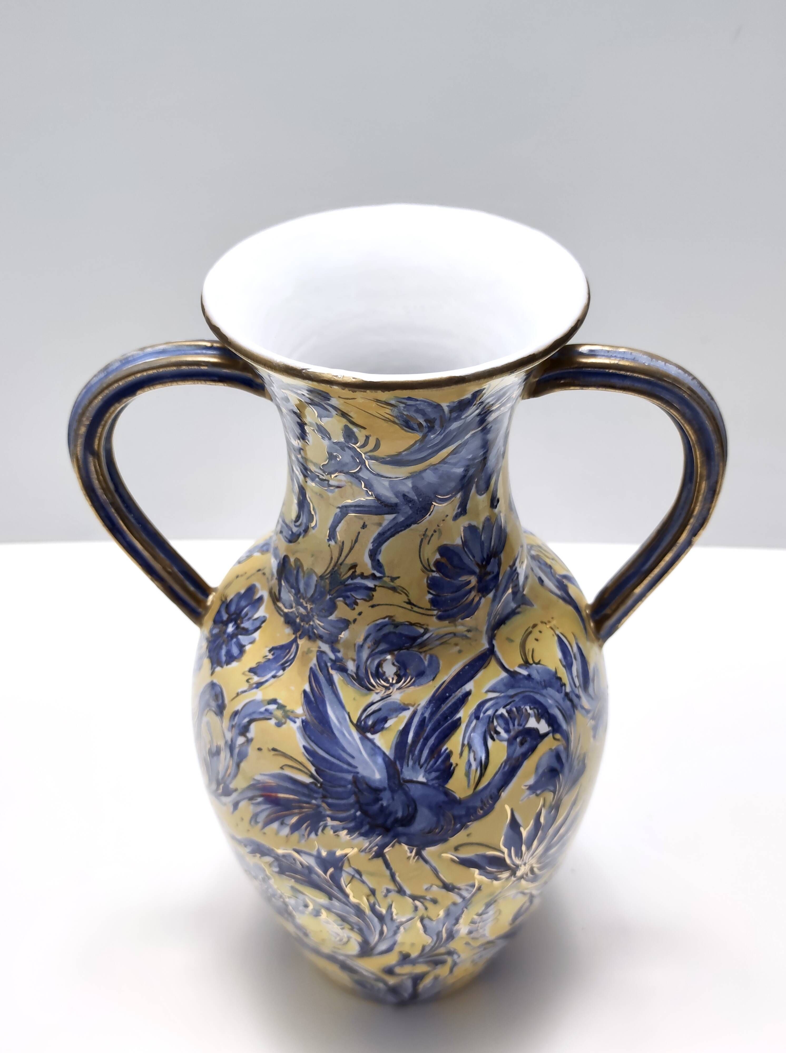 Vintage Handmade Yellow and Blue Glazed Ceramic Amphora by Zulimo Aretini, Italy