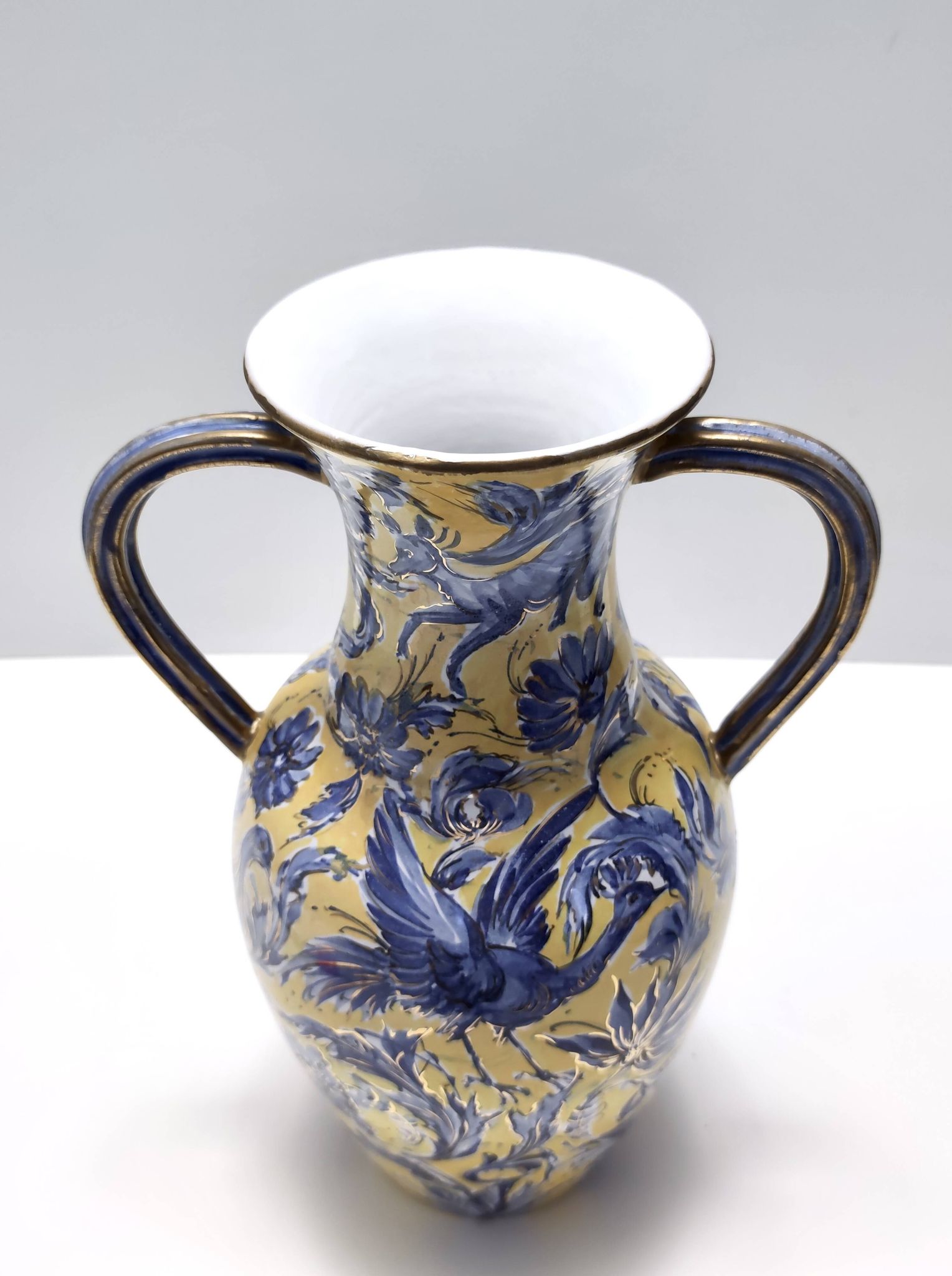 Vintage Handmade Yellow and Blue Glazed Ceramic Amphora by Zulimo Aretini, Italy