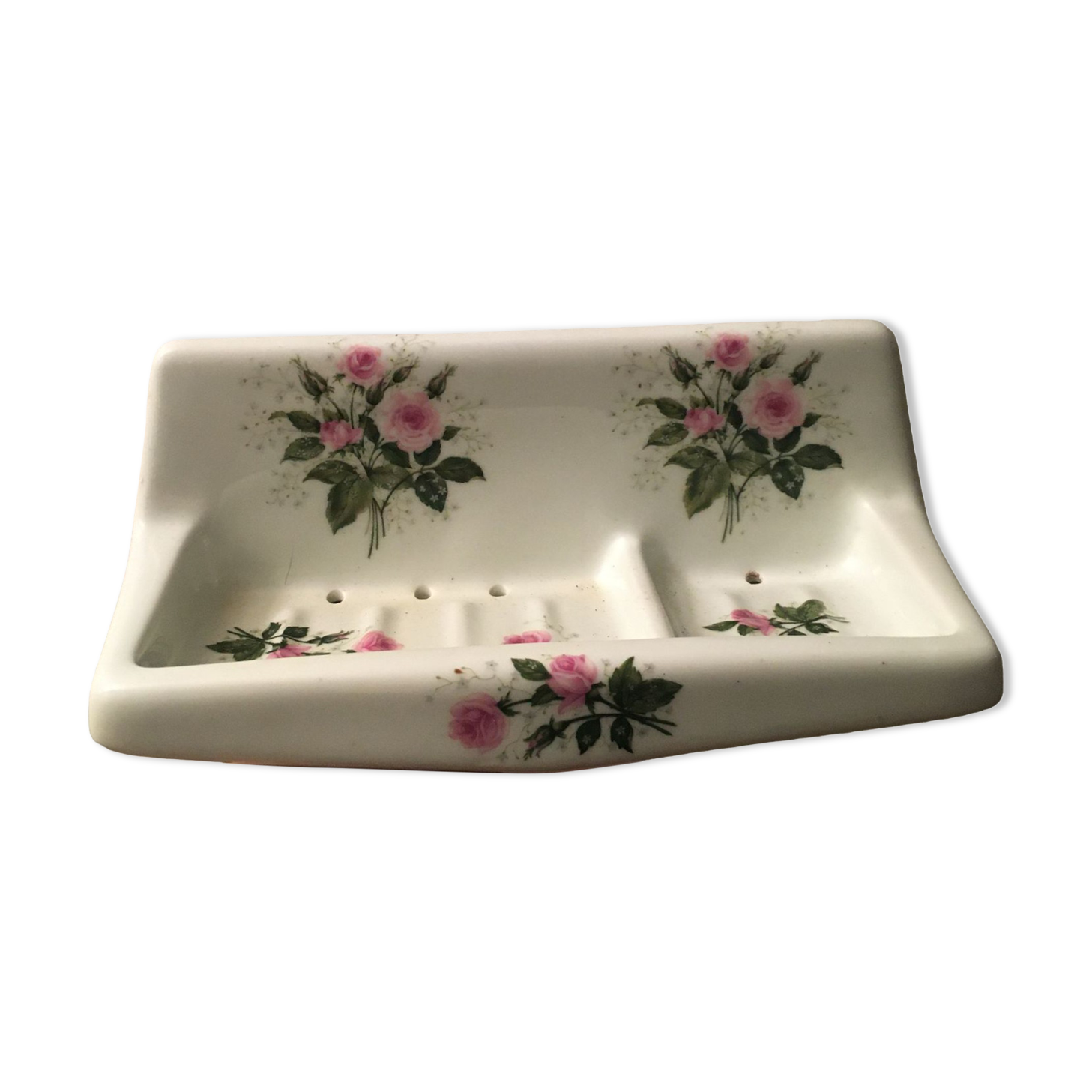 Porte-savon Mural Ancien En Céramique Française – Décor Fleur Rose, Hauteur 10cm – Occasion Bon état