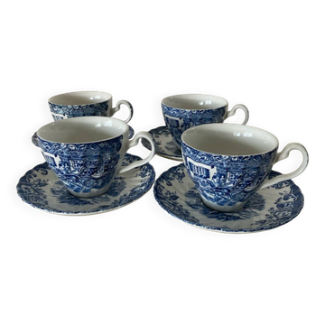 4 tasses et sous-tasses à thé bleues Coaching Scenes par Johnson Bros Ireston