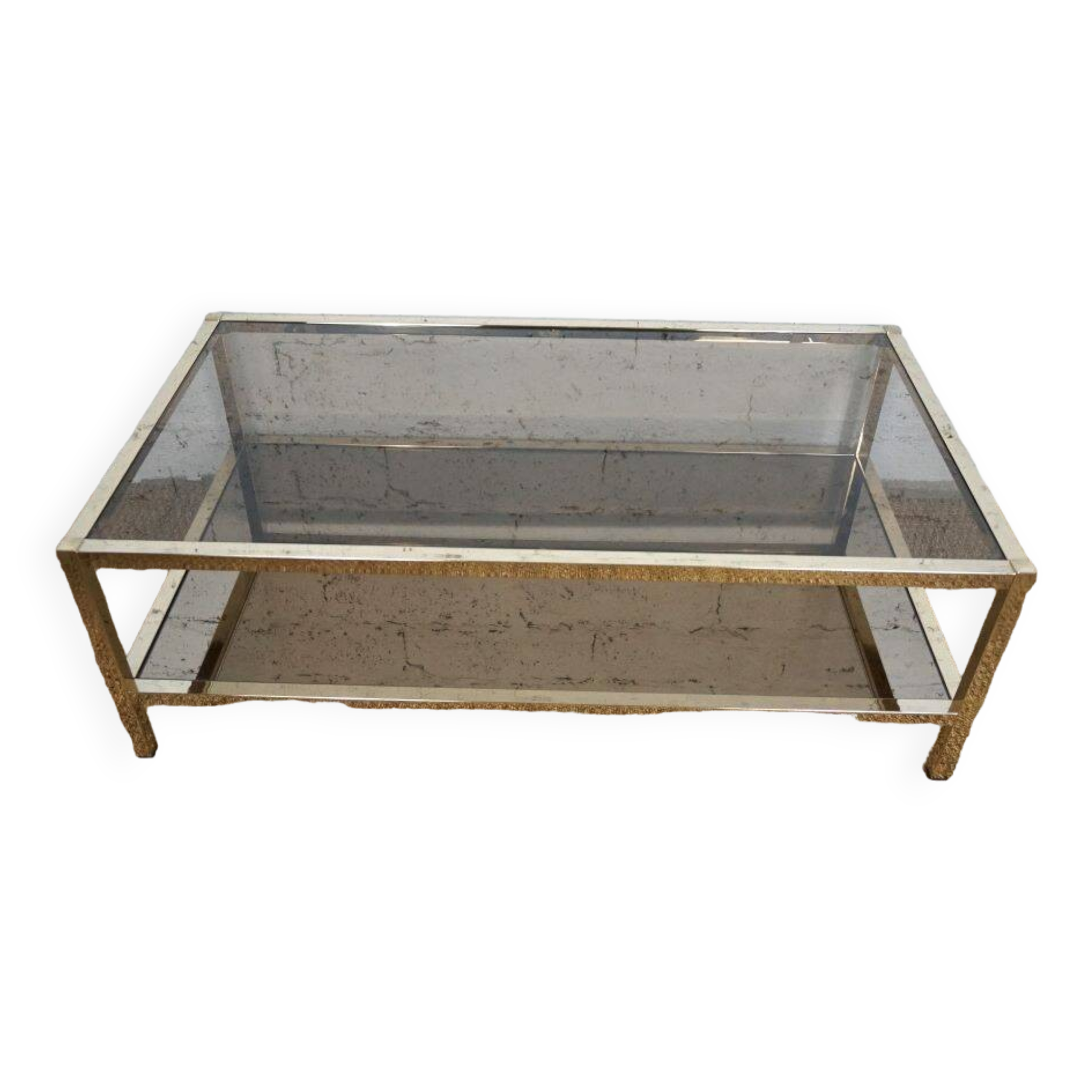 Gold chrome coffee table with double smoked glass tops 1970s