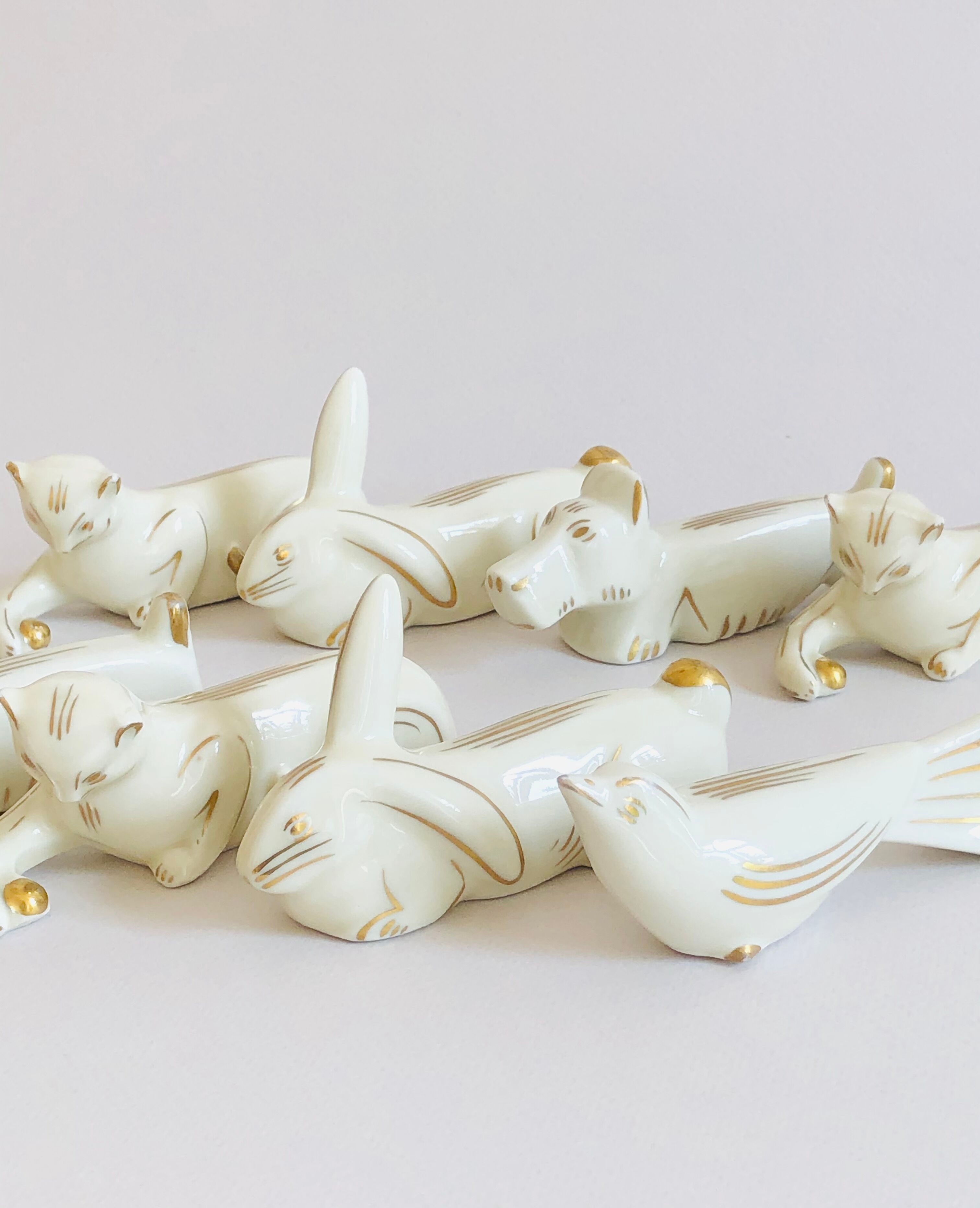 Set of 8 art deco ceramic animal knife holders