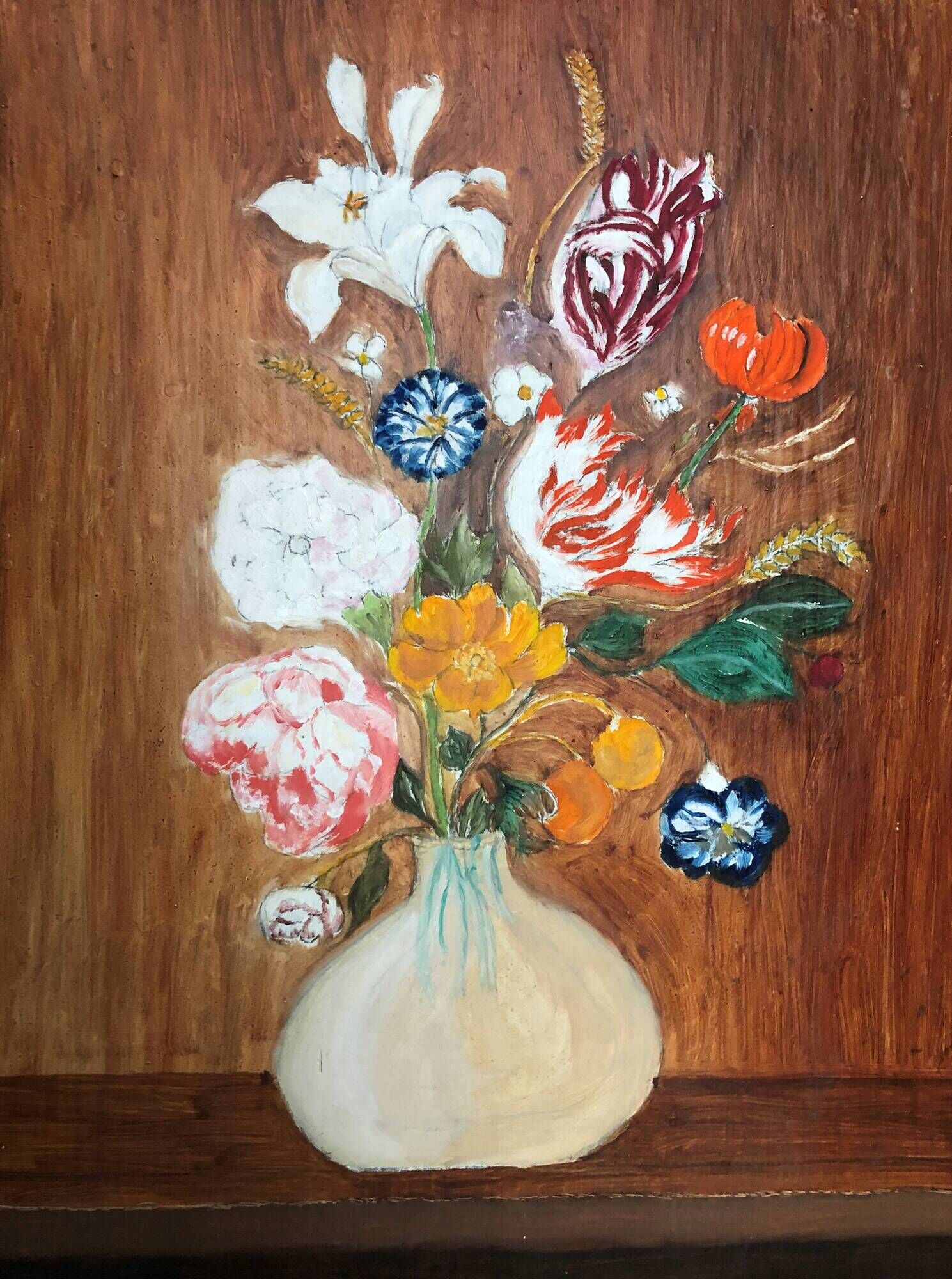 Huile sur panneau, nature morte au bouquet de fleurs