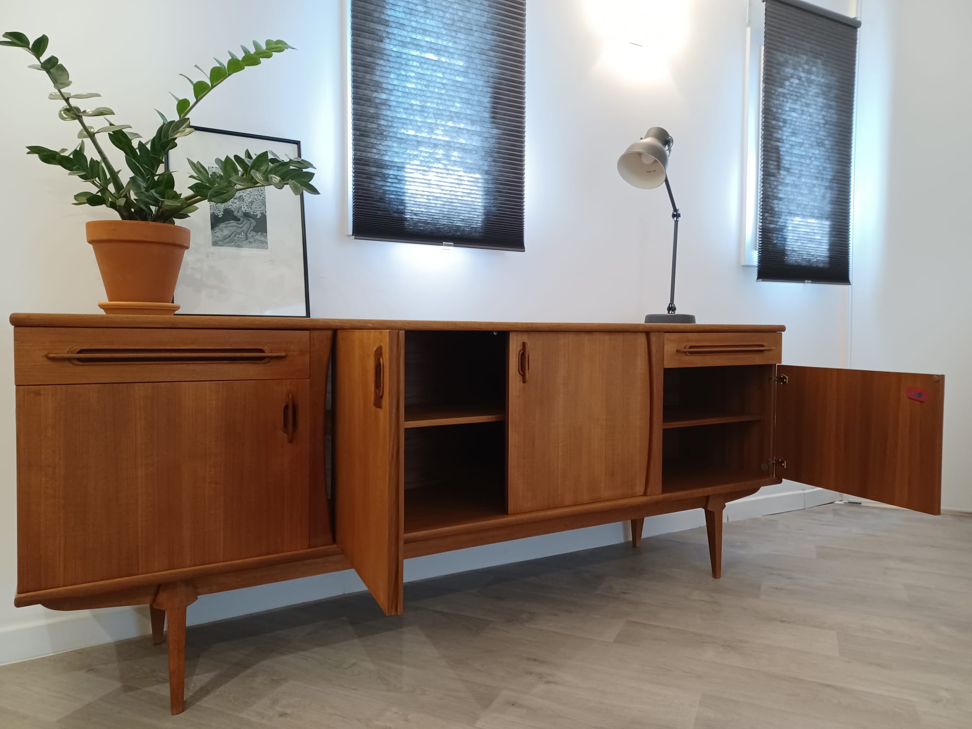 Scandinavian teak row 50s-60s, French manufacture signed Eros