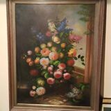 Grand tableau - huile sur toile - vase de fleurs - signé Arcangelo Monzio Compagnoni