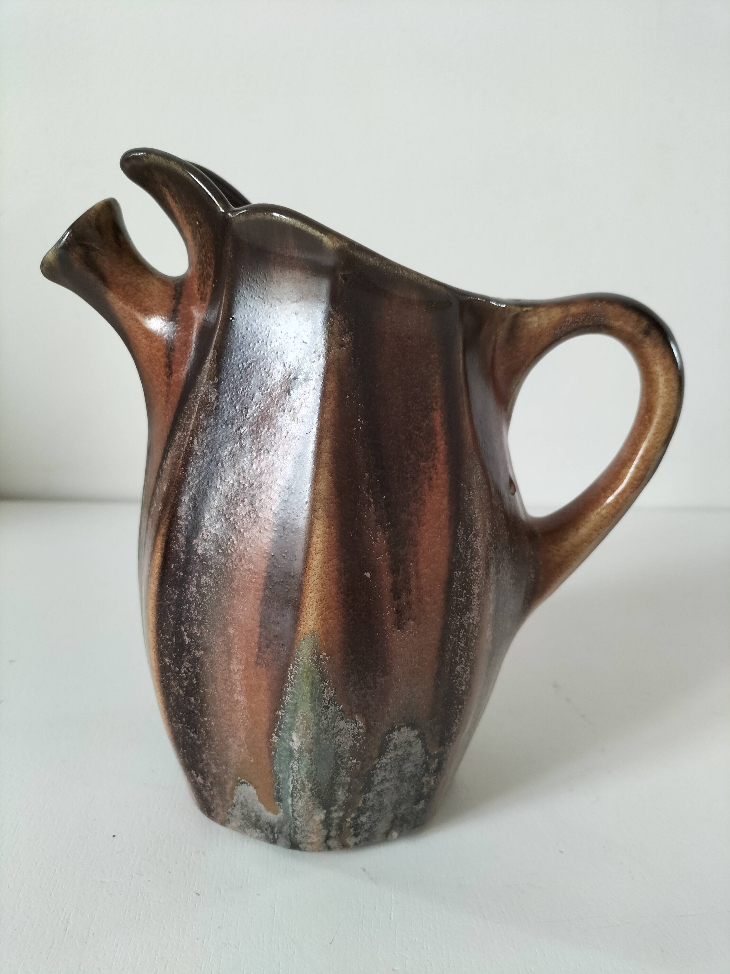 Vintage Belgian ceramic sculptural pitcher in chocolate brown.