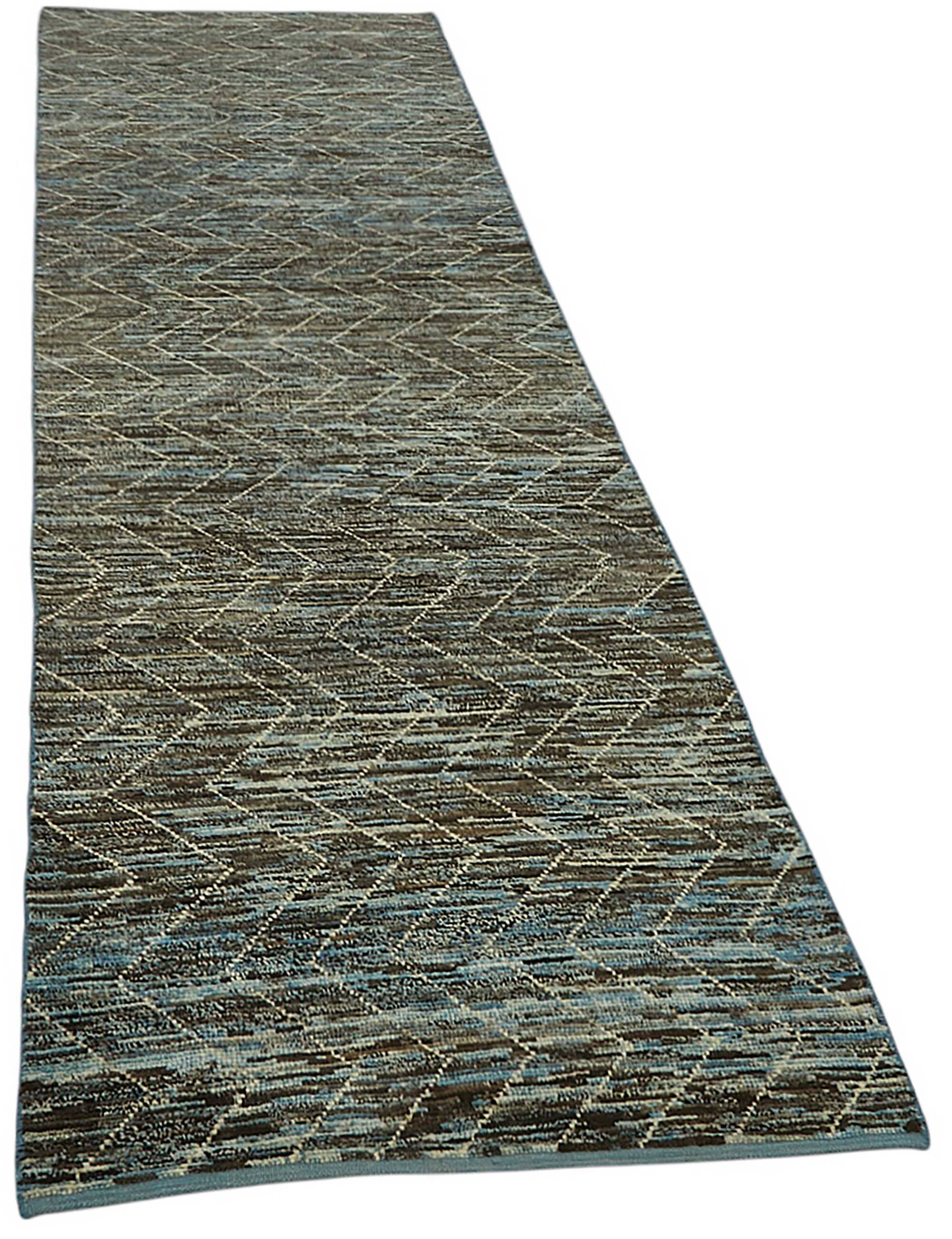 Handwoven Turkish Rustic 86 cm x 343 cm Blue Wool Runner Carpet
