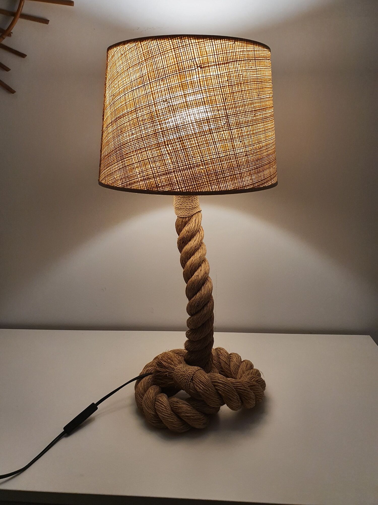 Craft rope lamp with lampshade in raffia 60s-70s