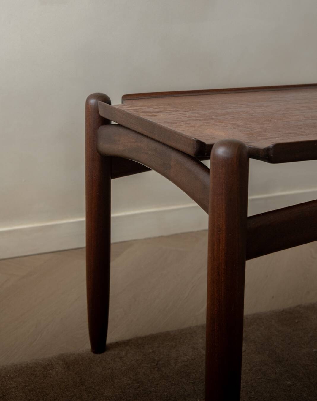Vintage Teak Coffee Table, Mid Century Modern, Sculptural Arched Stretchers