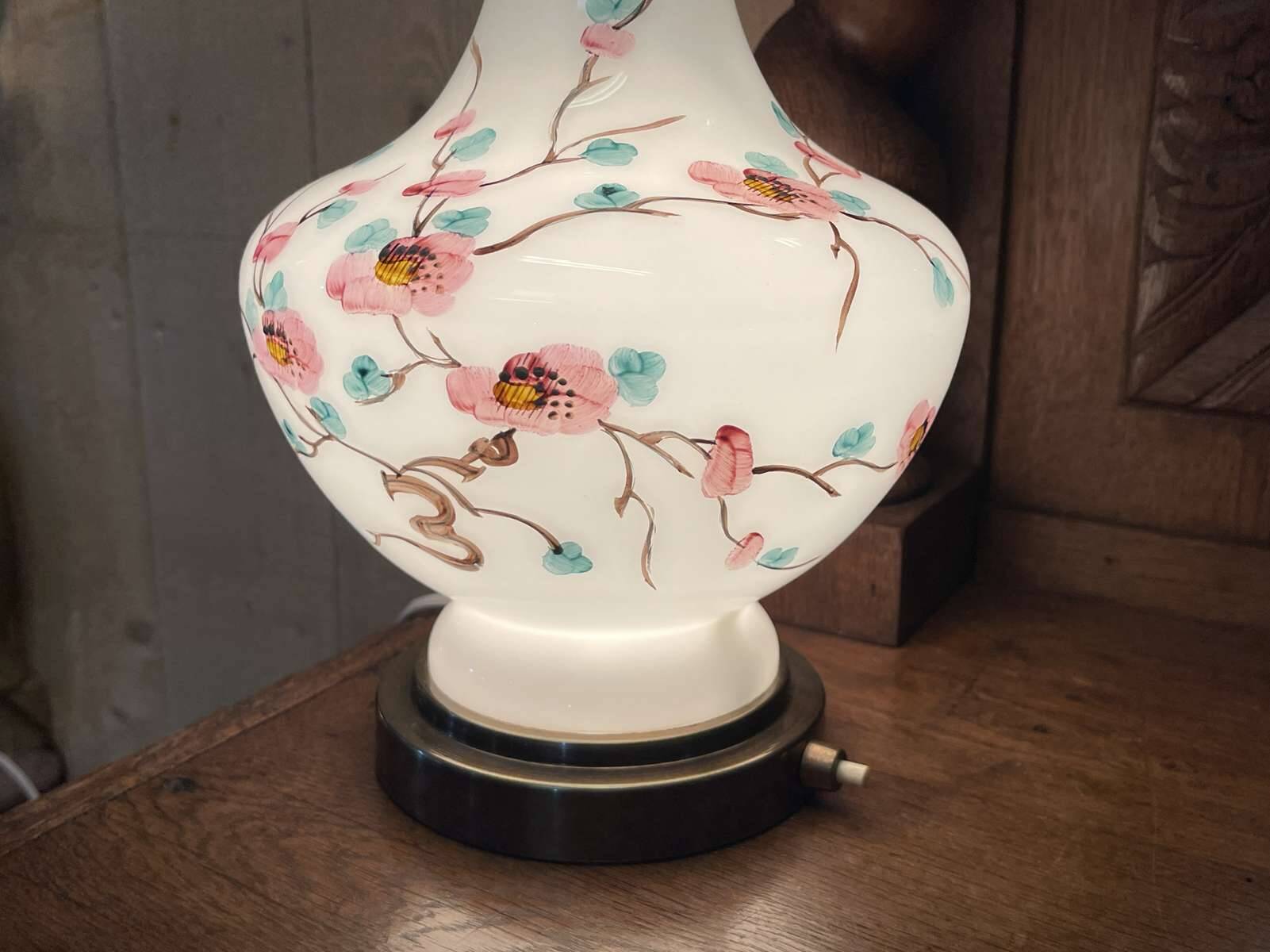 Napoleon III lamp in white opaline and painted with floral decoration - late 19th century