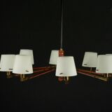 Mid-Century 8 arms Stilnovo chandelier in opaline, brass and red lacquer.