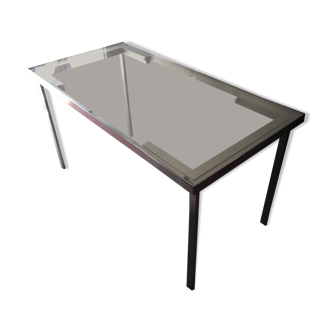 Convertible table, Italian design in brushed steel and glass (1970s)