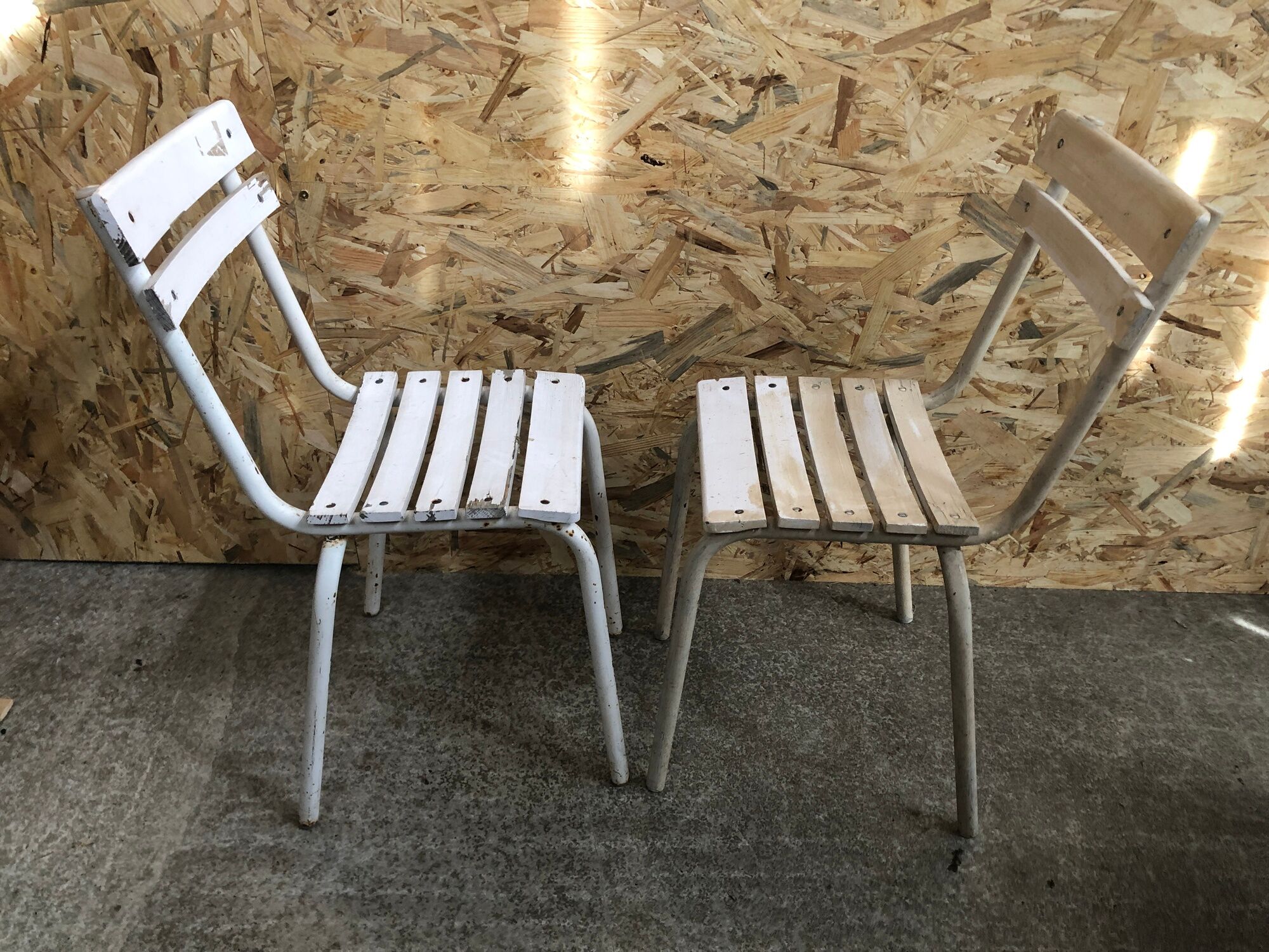 Pair Old Garden Chair Metal Structure + Vintage White Wood Slats
