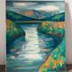 Cours d’eau entre les collines fleuries, signé R Godelier