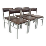 Set of 6 vintage chairs from the 70s in chrome metal and brown faux leather.