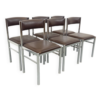 Set of 6 vintage chairs from the 70s in chrome metal and brown faux leather.