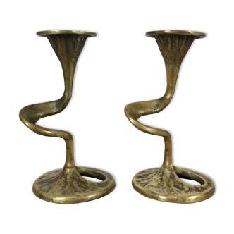 Pair of organic candlesticks in gilded bronze