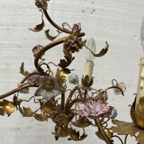 Louis XVI style chandelier in gilded metal and porcelain flowers, 20th century