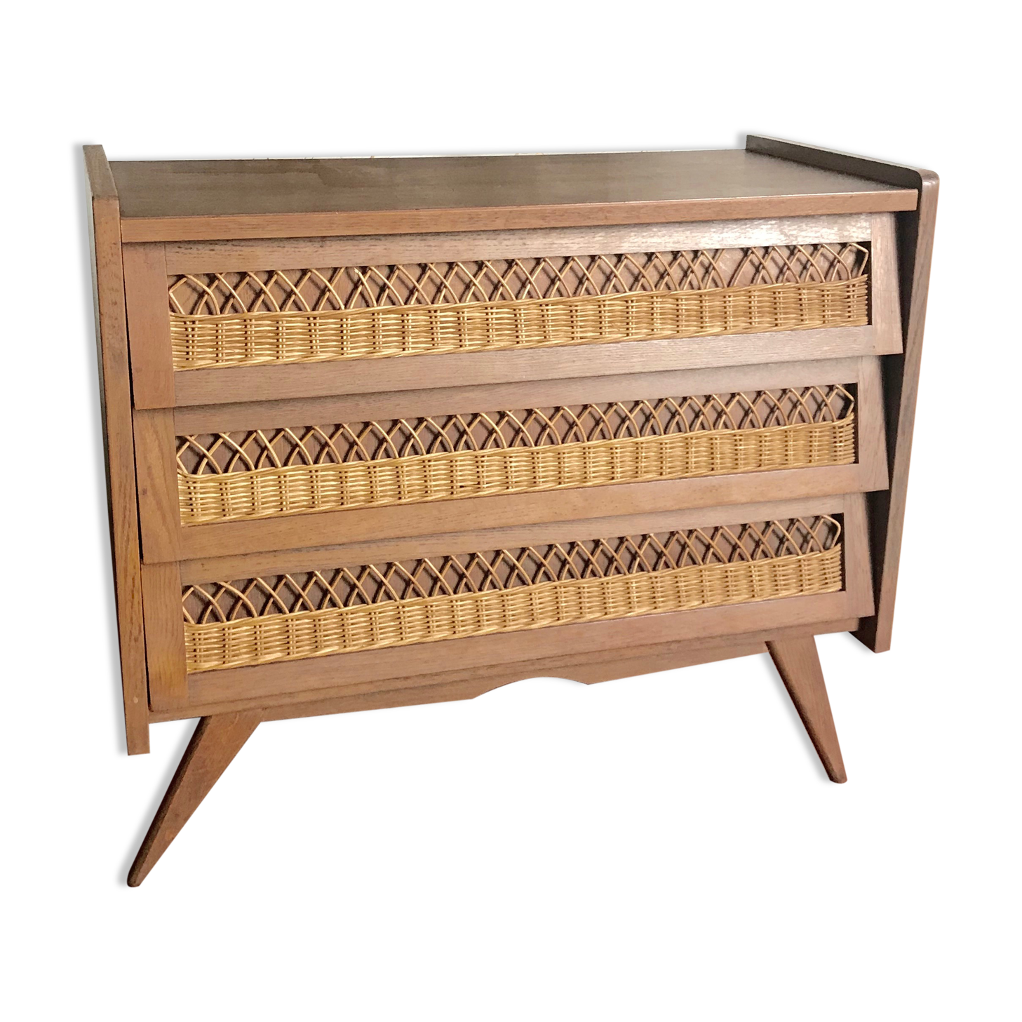 Vintage wood and rattan chest of drawers