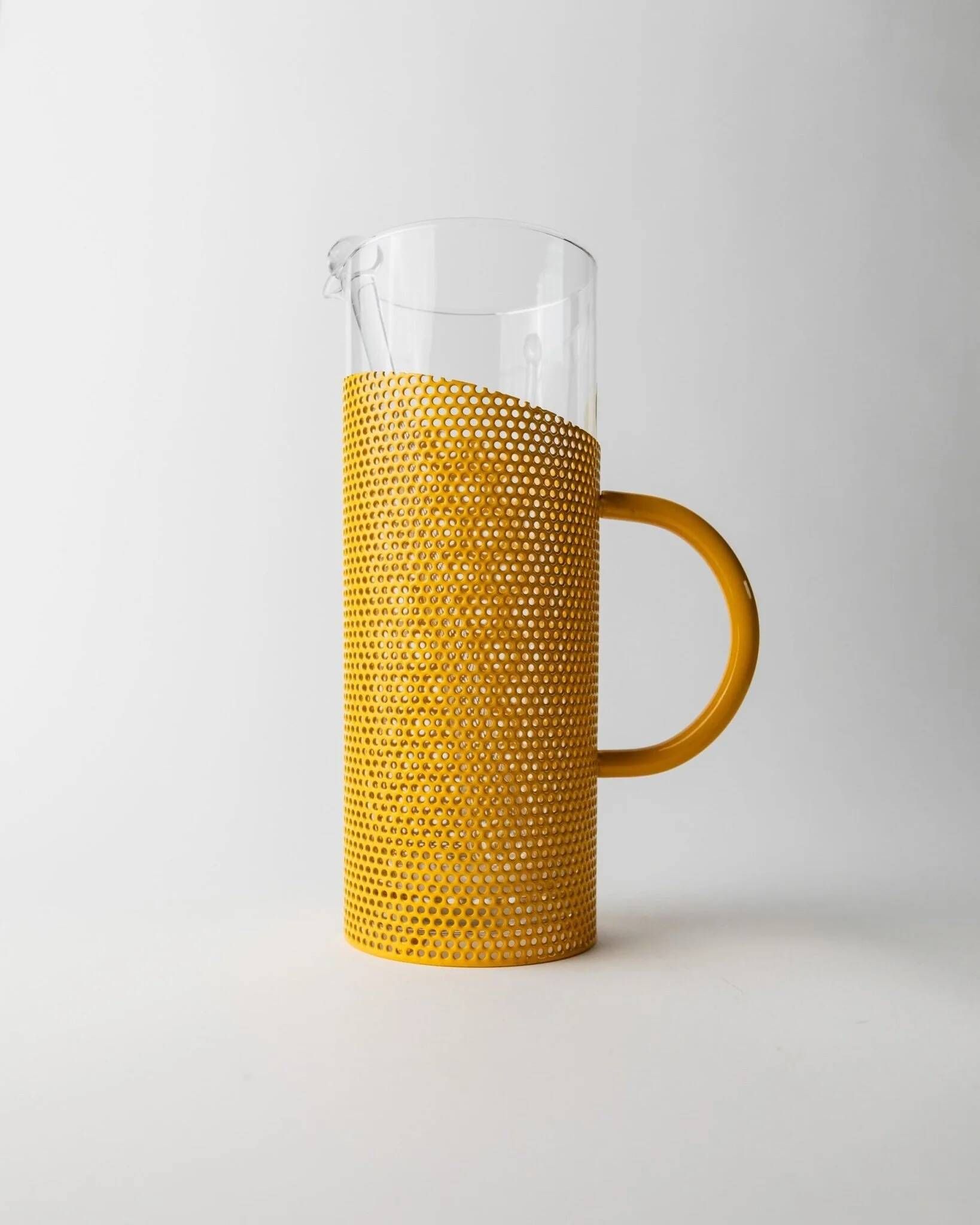 Transparent Glass Pitcher with Yellow Metal Sleeve and Pestle - Memphis Style, 1980s Italy