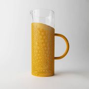 Transparent Glass Pitcher with Yellow Metal Sleeve and Pestle - Memphis Style, 1980s Italy