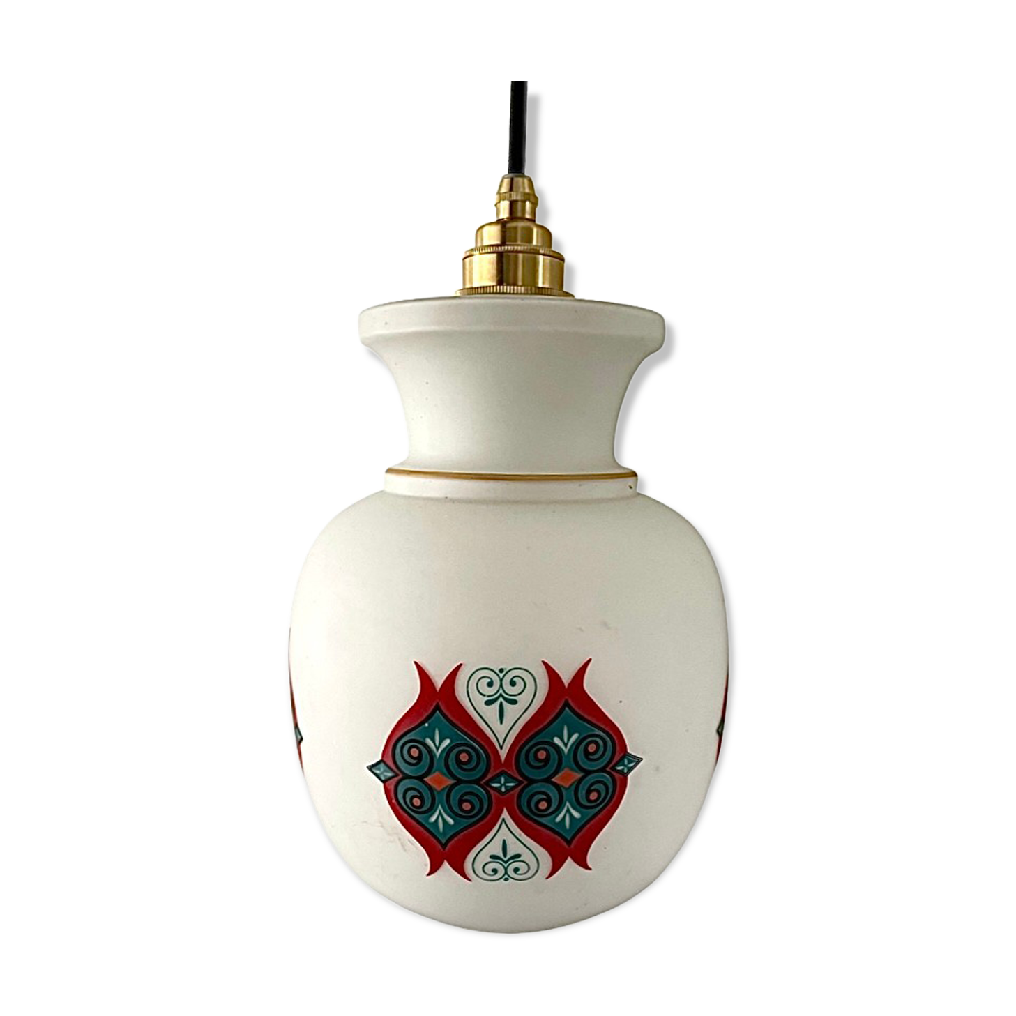 Vintage suspension lamp in white opaline decorated electrified to nine