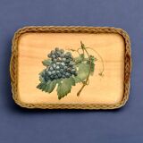 Vintage rattan and varnished wood tray - grape cluster decor