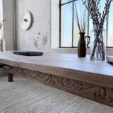 XL farmhouse table in solid oak, brutalist style, 20th century.