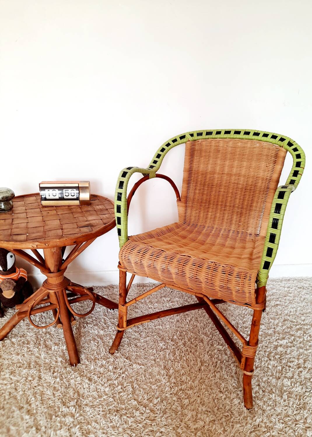 50s/60s rattan armchair with black apple green edging
