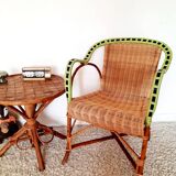50s/60s rattan armchair with black apple green edging