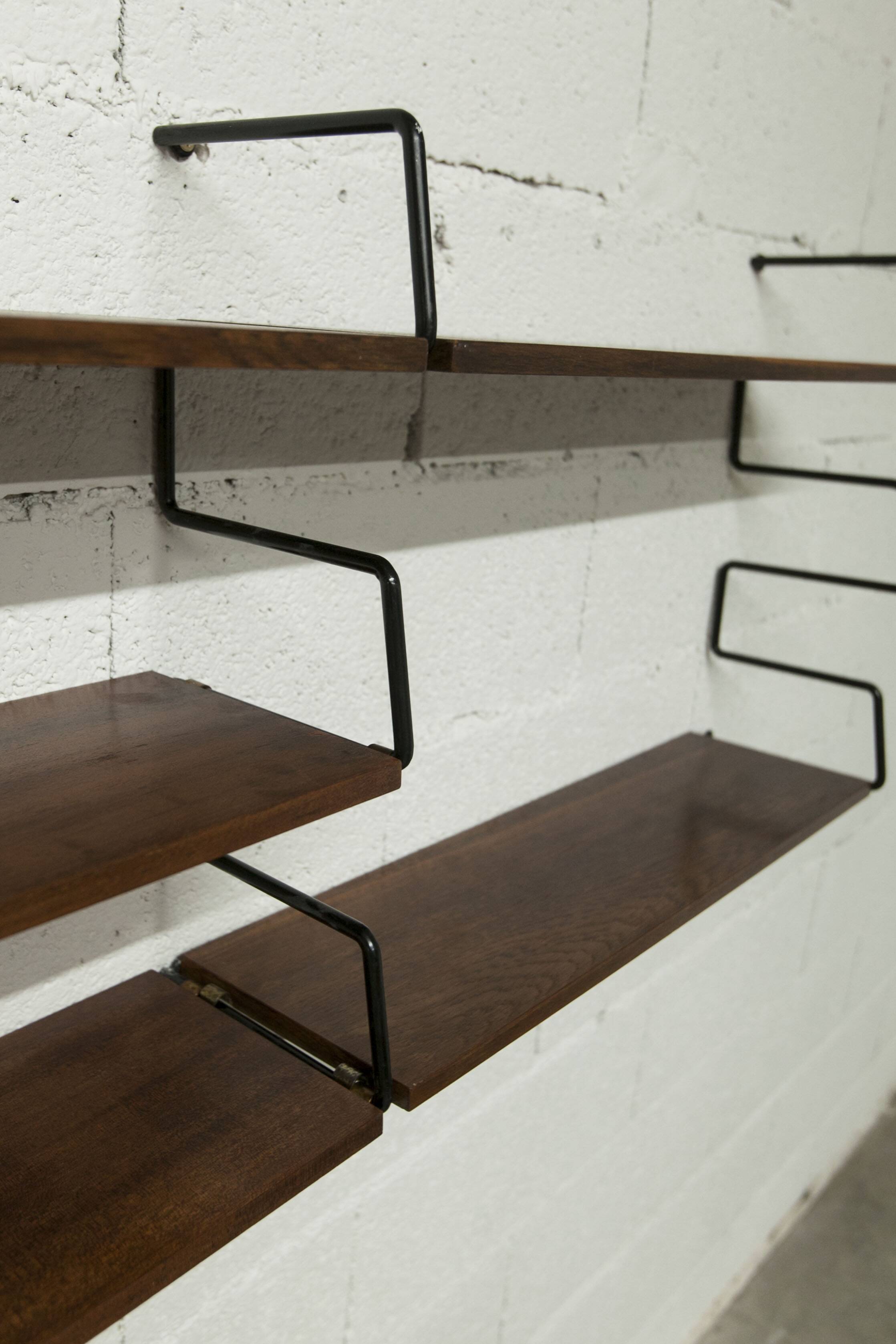 Zigzag string shelf 3 black ladders 5 teak shelves 1950