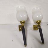 Pair of brass and white opaline wall sconces