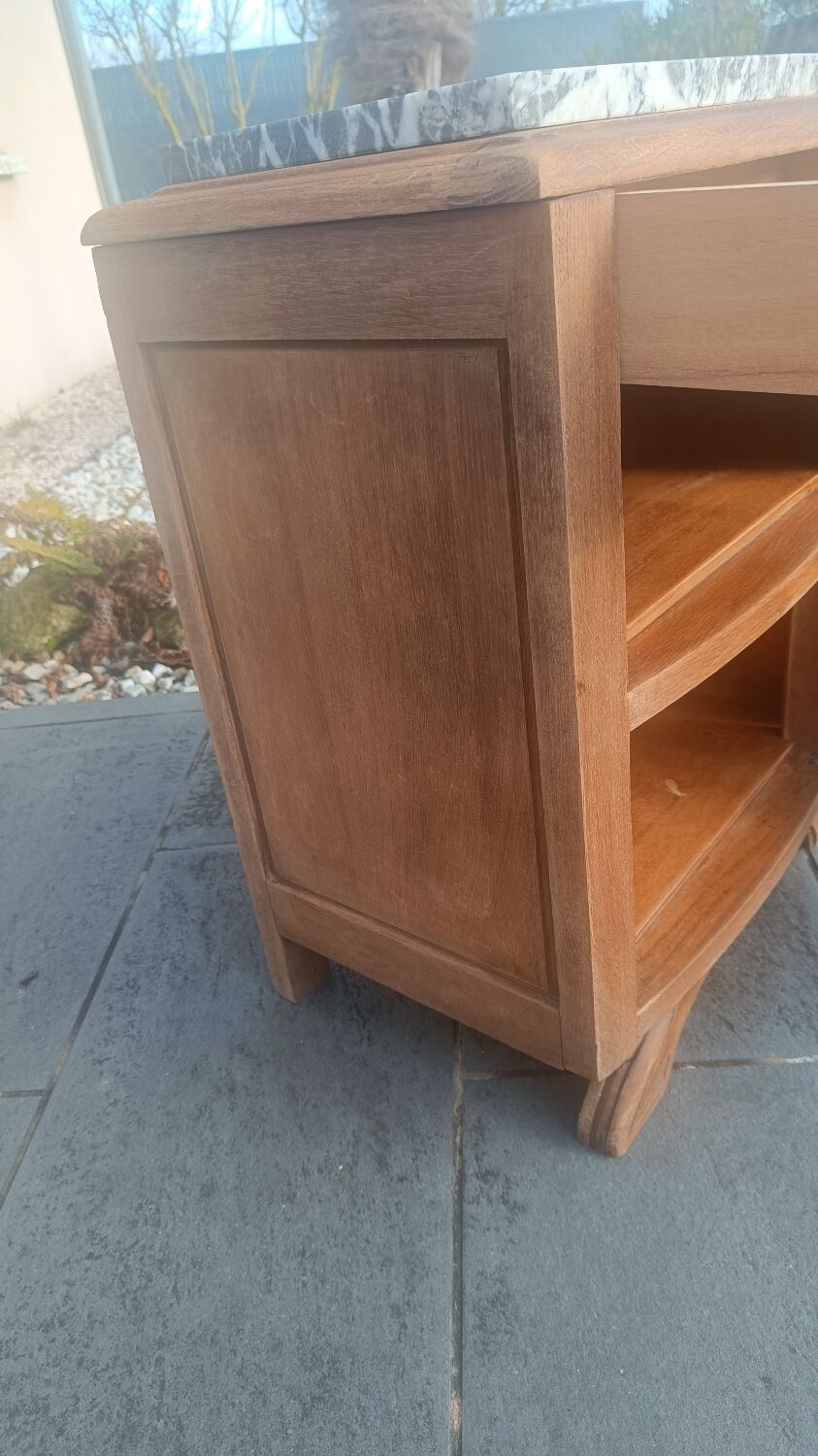 Solid oak bedside table with marble
