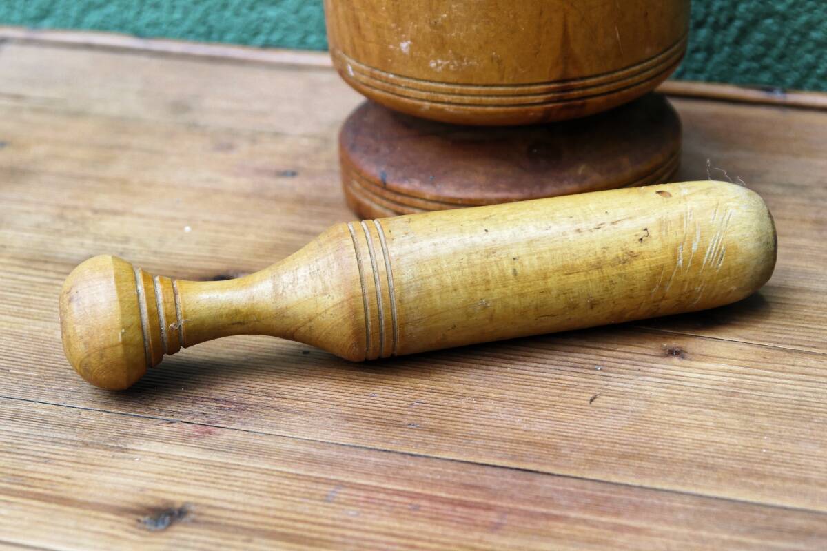 Turned wooden mortar and pestle