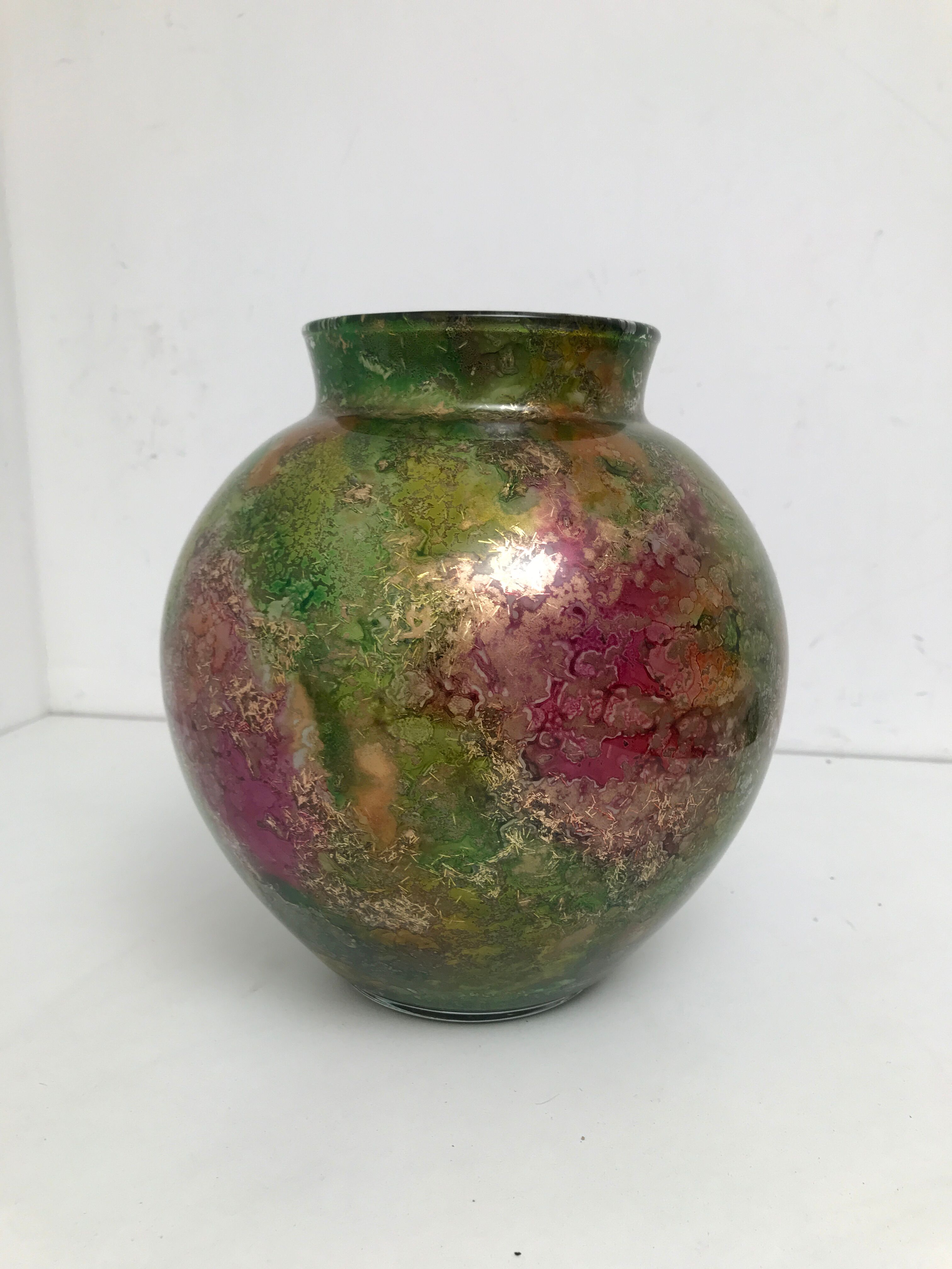 Linear lacquered glass vase 1970-1980 with internal decoration of gold oxides unique handmade piece