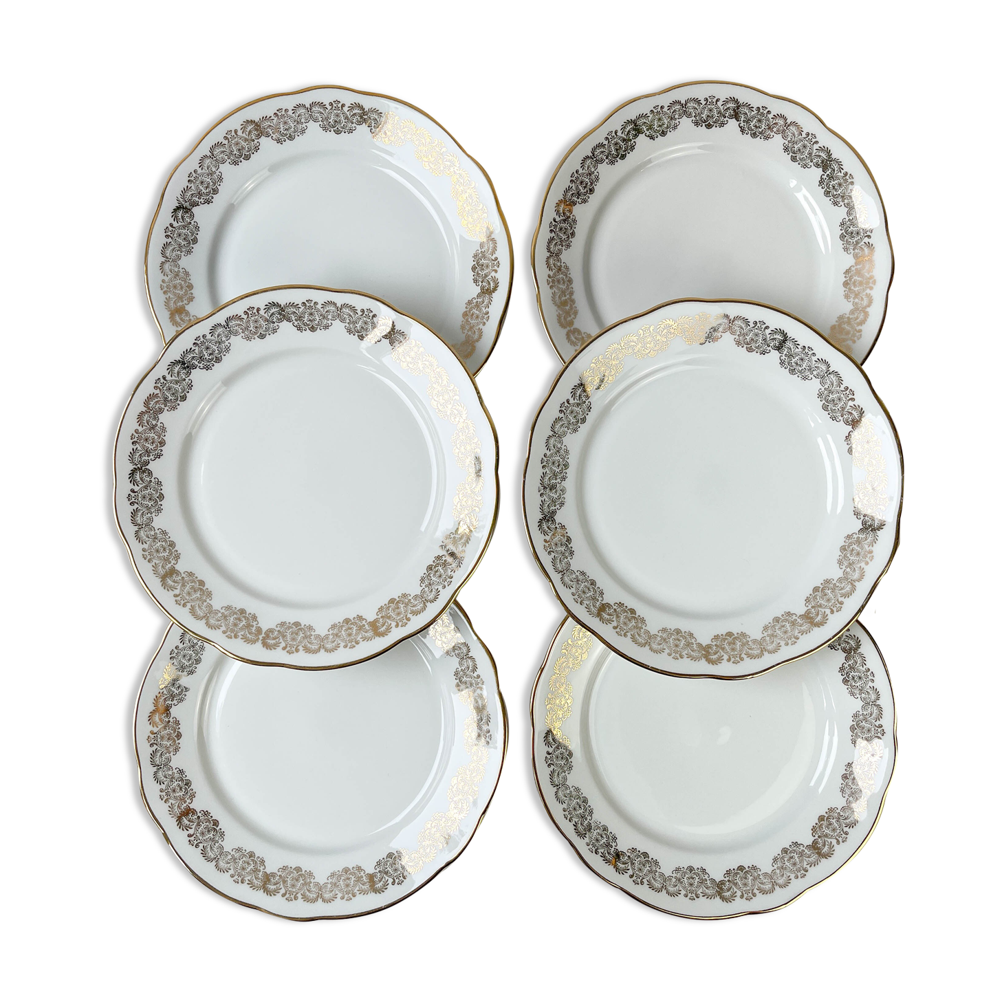 6 flat plates golden white porcelain chauvigny limoges