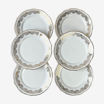 6 flat plates golden white porcelain chauvigny limoges