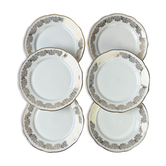 6 flat plates golden white porcelain chauvigny limoges