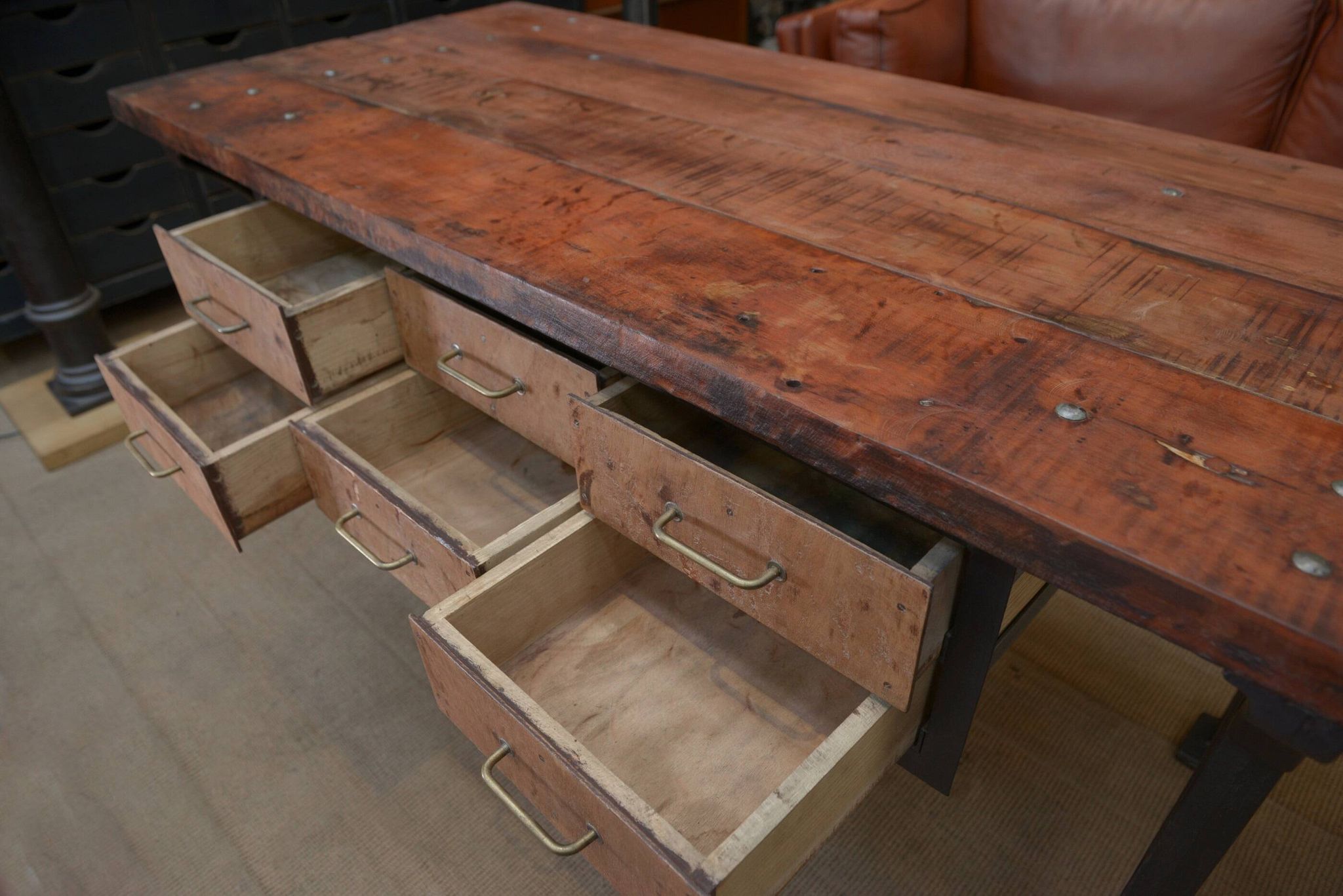 factory workbench in cast iron and wood 1930 with 9 drawers