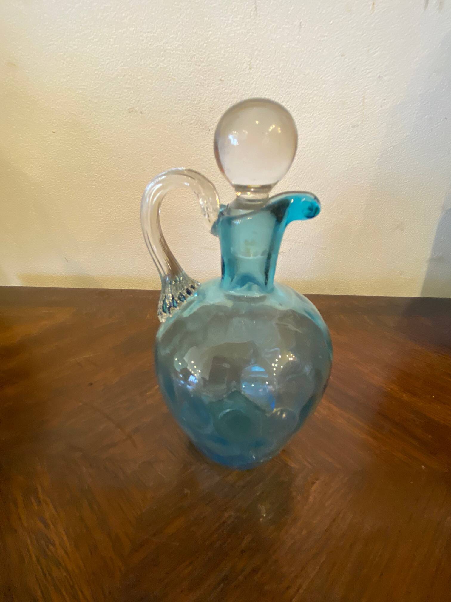 Night carafe in blue tones waffle glass with cabochon early 20th century