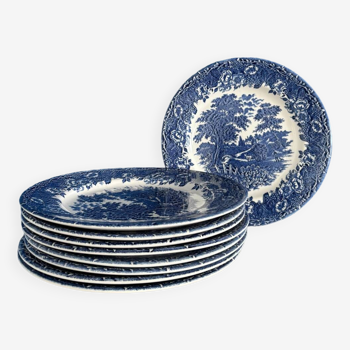 9-piece service of English plates with blue and white country decor