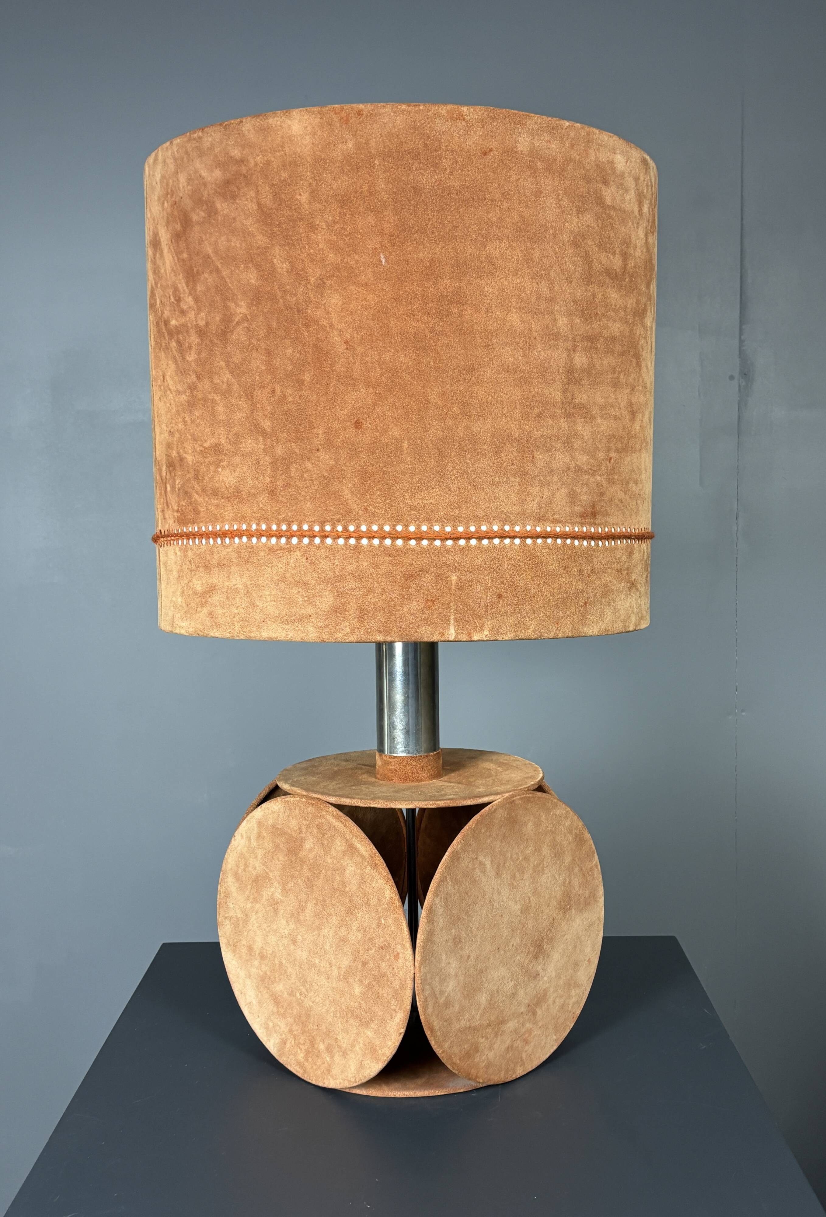 Midcentury XL ( 82 cm ) imposing terracotta suede table lamp. 1970s