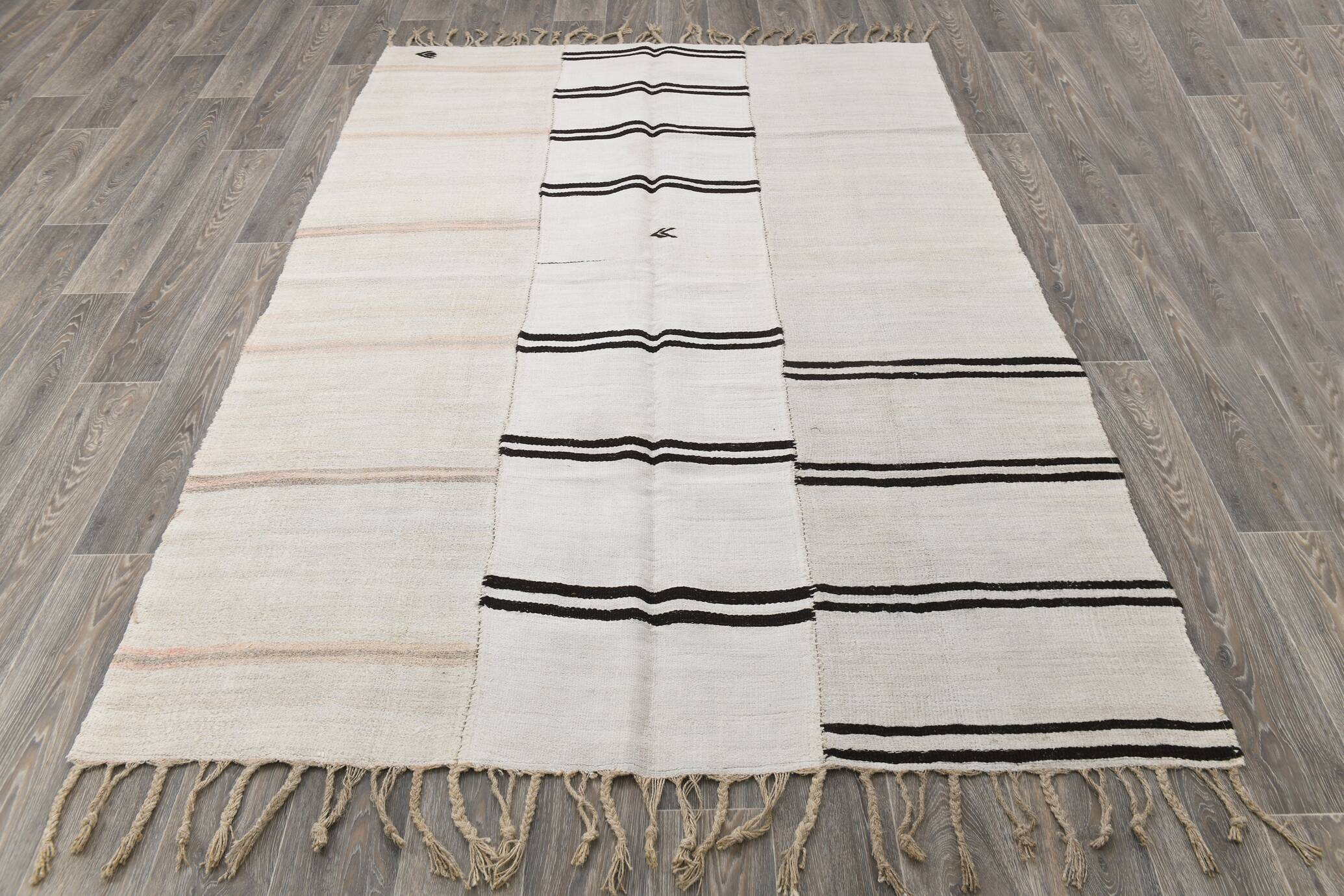 Beige & Black Striped Vintage Kilim Rug, 170x256 Cm