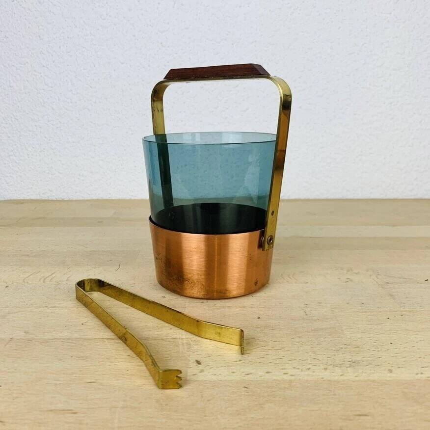 Scandinavian ice bucket in smoked glass and copper, vintage.