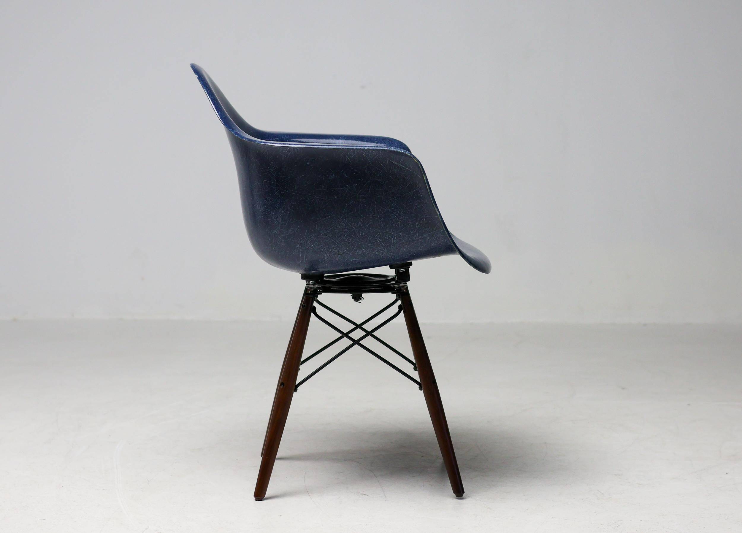 Indigo blue Charles Eames "PAW" armchair by Herman Miller, mid-century modern.