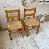 Pair of straw and pine chairs, mountain furniture