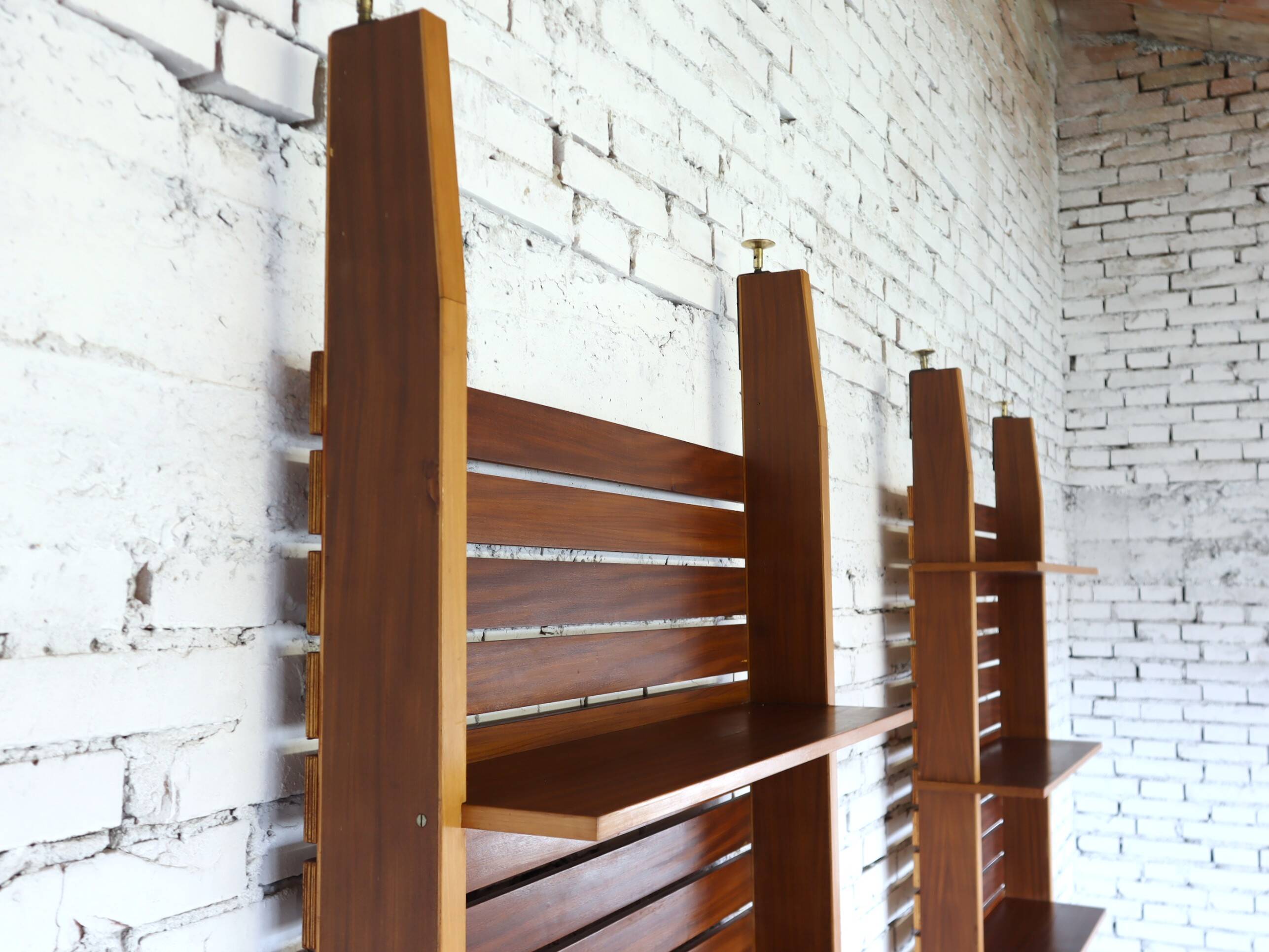 1950s Italian mid-century teak floor-to-ceiling wall unit